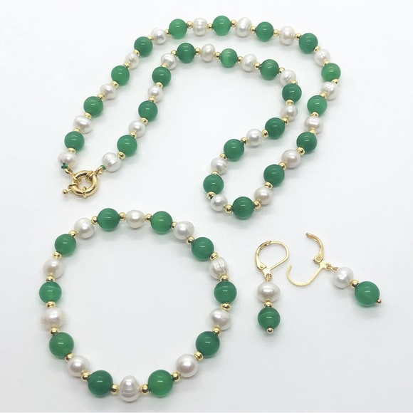 7-8mm Freshwater Pearl & Green Jade Beads Necklace Bracelet & Earrings Set - Picture 3 of 3